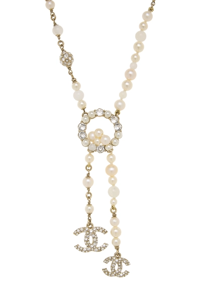 Gold Faux Pearl Crystal 'CC' Necklace, , large