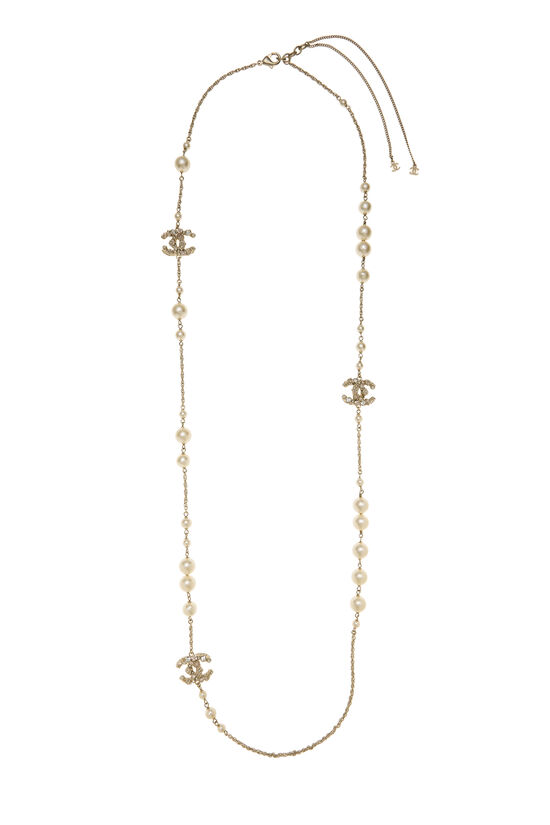 Gold Faux Pearl 'CC' Long Necklace, , large image number 0