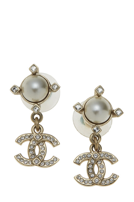 Gold & Faux Pearl Crystal 'CC' Dangle Earrings