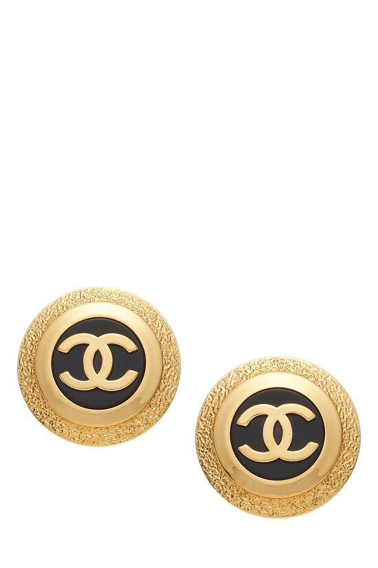 Gold & Black 'CC' Button Earrings Large, , large image number 0