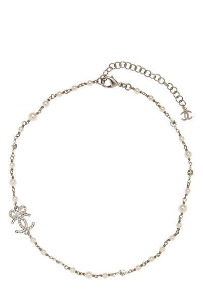 Silver Faux Pearl Crystal 'CC' Bow Necklace