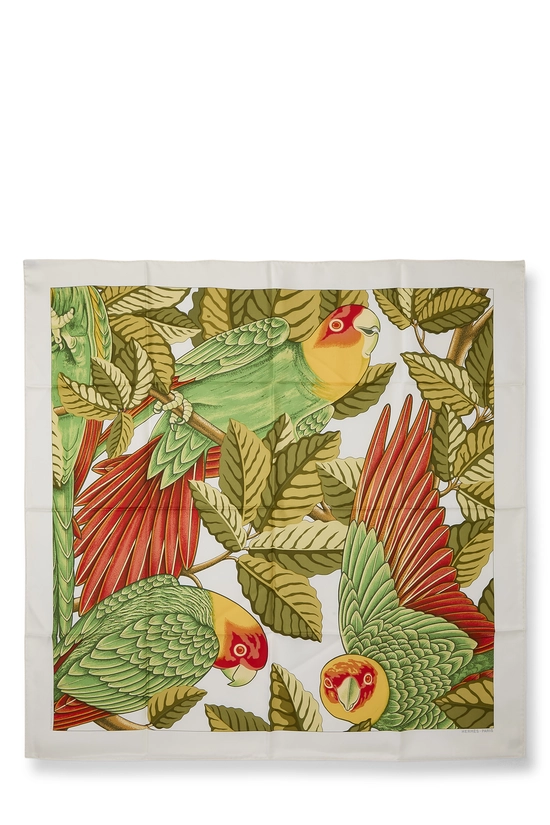 White & Multicolor 'Les Perroquets' Silk Scarf 90, , large image number 0
