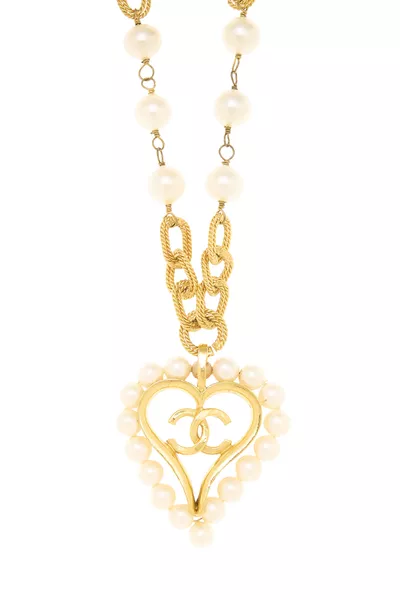 Gold 'CC' Faux Pearl Heart Necklace, , large