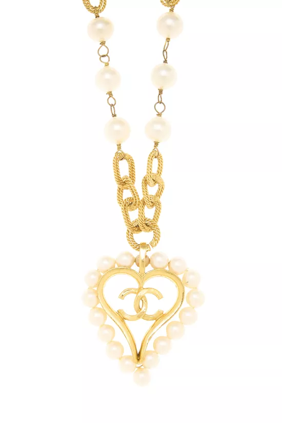 Gold 'CC' Faux Pearl Heart Necklace, , large image number 1