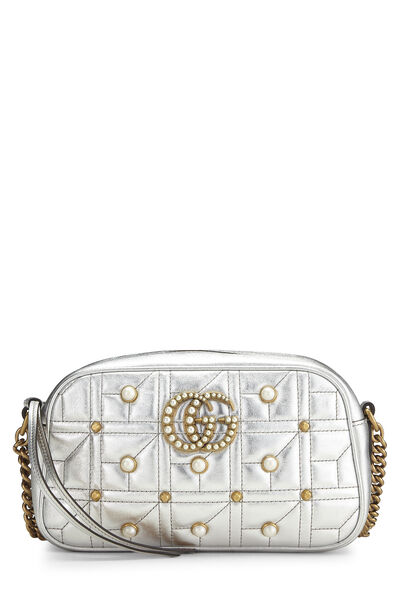 Silver Leather & Faux Pearl GG Marmont Crossbody Small