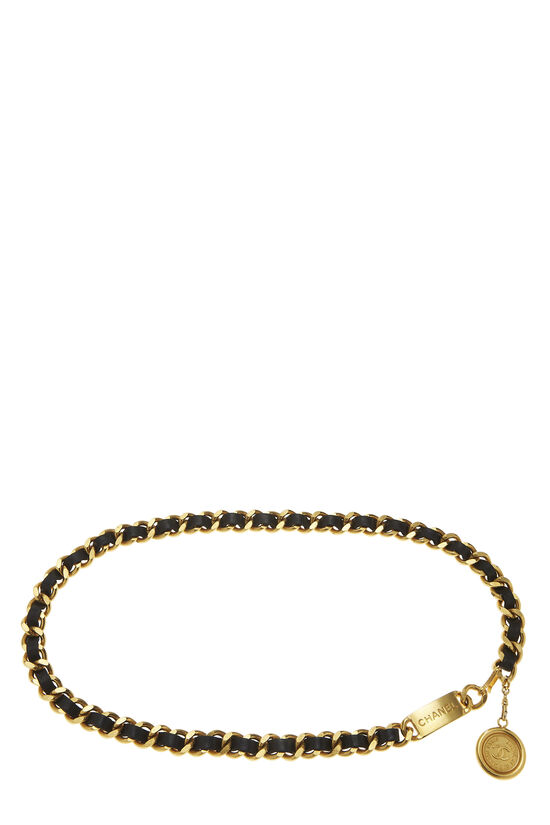 Gold & Black Leather 'CC' Medallion Chain Belt, , large image number 0