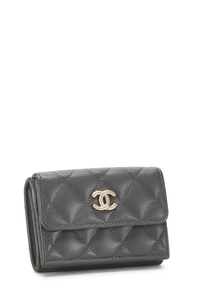 Grey Quilted Caviar Compact Wallet, , large