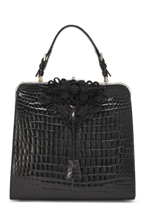 Black Embossed Leather Frame Top Handle Bag, , large image number 3