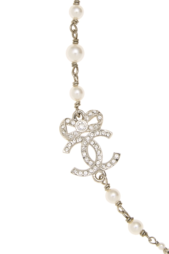 Silver Faux Pearl Crystal 'CC' Bow Necklace, , large image number 1