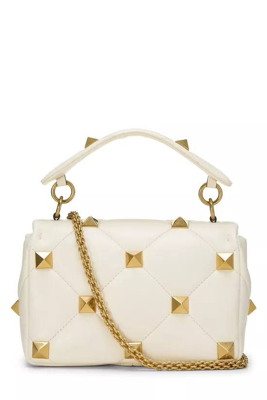 White Leather Roman Stud Flap Bag Medium, , large image number 3
