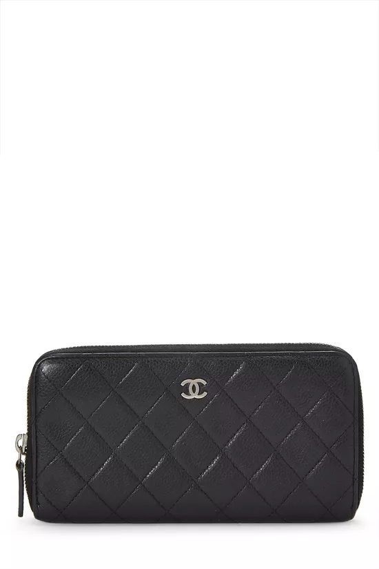 Black Quilted Caviar Zip Around Wallet, , large image number 0