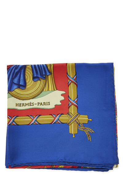 Blue & Multicolor 'Republique Francaise Liberte' Silk Scarf 90, , large