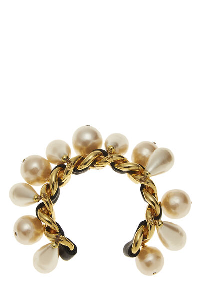 Gold & Black Leather Faux Pearl Dangle Bracelet, , large