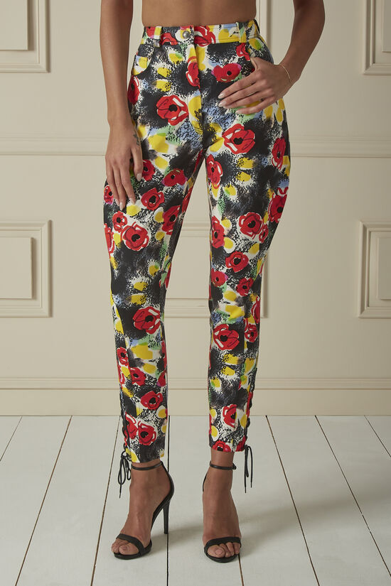 Multicolor Floral Printed Denim High-Waisted Pants, , large image number 0
