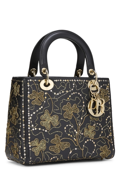Black Embroidered Clovers Lady Dior Medium, , large