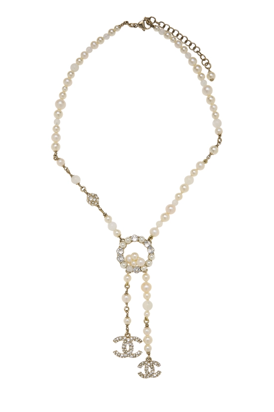 Gold Faux Pearl Crystal 'CC' Necklace, , large image number 0