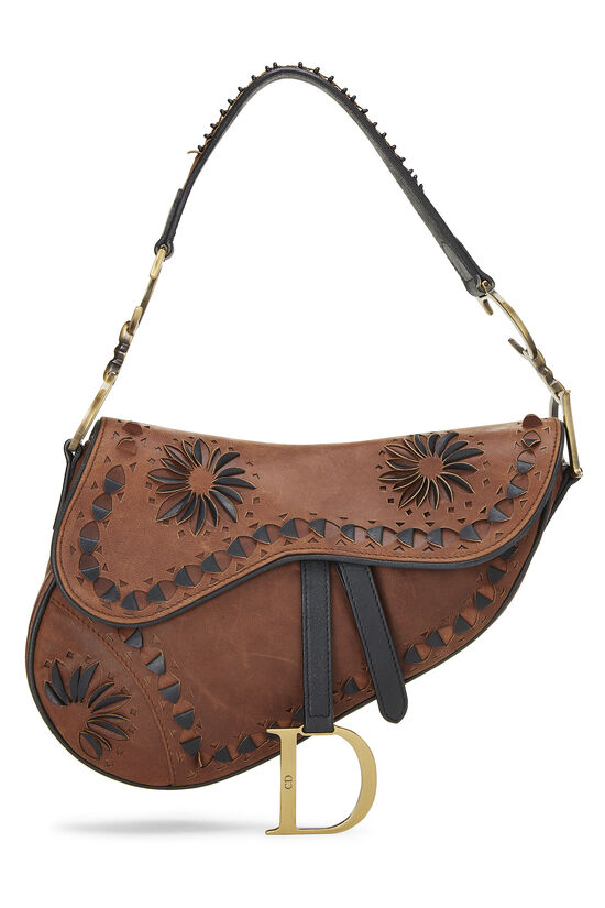 Brown Leather Laser Cut Floral Saddle Bag, , large image number 1