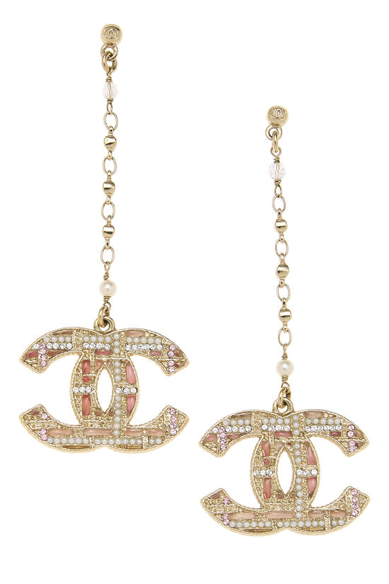 Pink & Gold Crystal 'CC' Dangle Earrings, , large image number 0