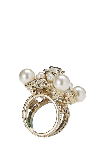 Silver & Faux Pearl 'CC' Ring, , large