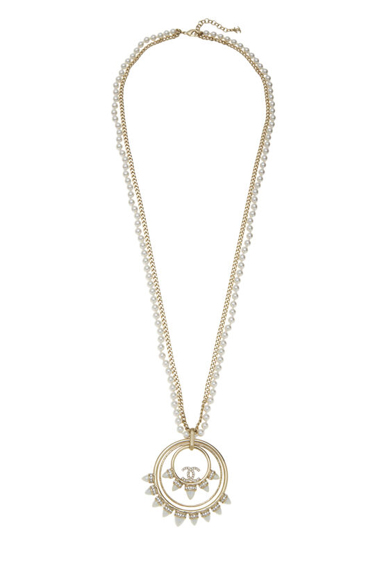 CHANEL+Crystal+Pearl+CC+Round+Pendant+Gold+Chain+Necklace+NIB in 2023