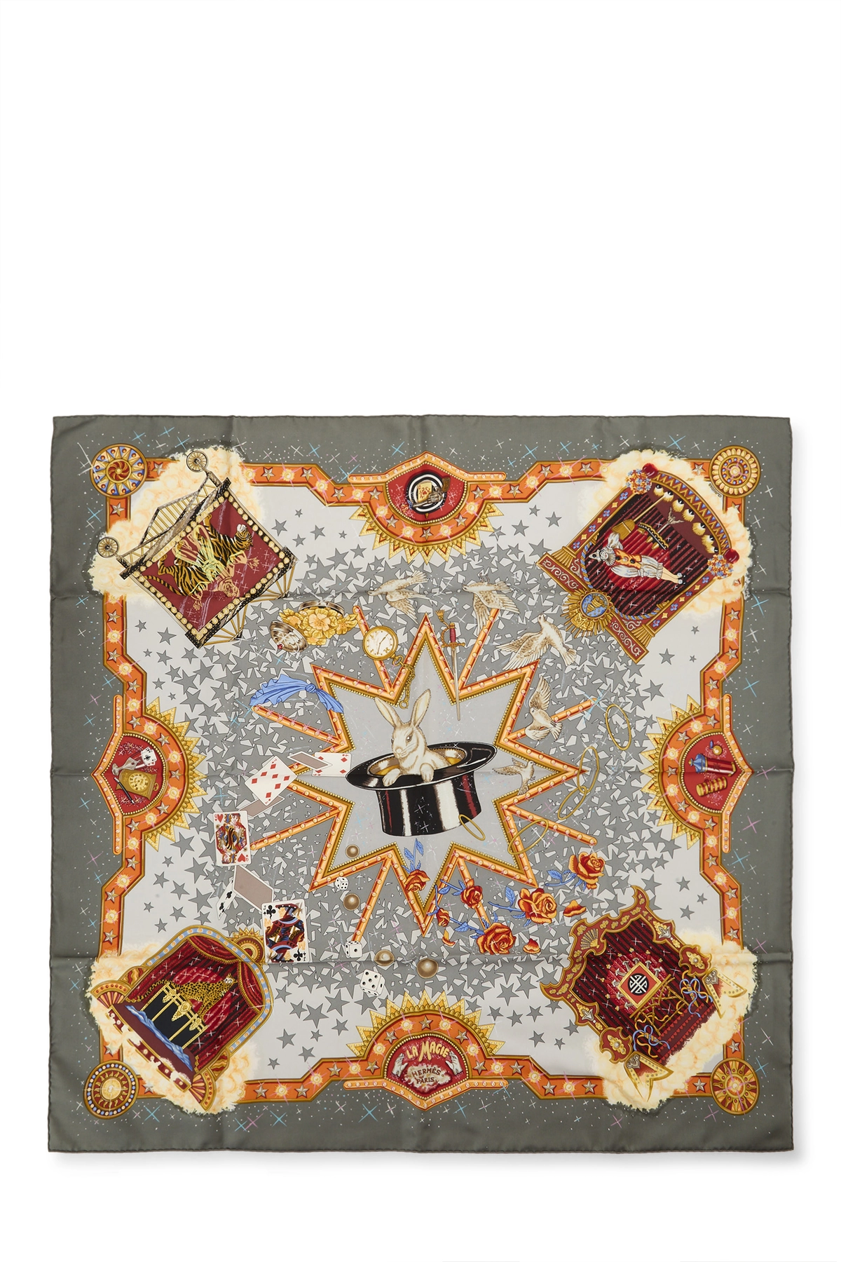 Grey & Multicolor 'La Magie' Silk Scarf 90