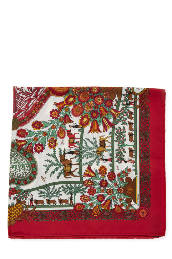 Hermès Red & Multicolor 'Decoupages' Silk Pocket Square