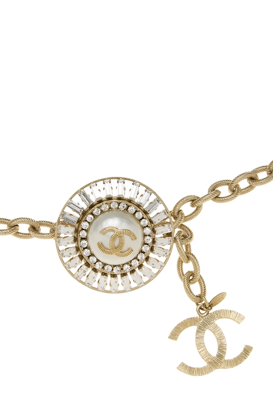 Gold Crystal Faux Pearl 'CC' Sunburst Chain Belt, , large image number 1