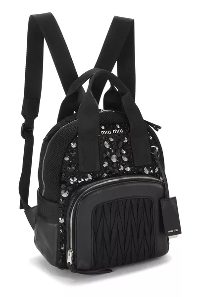 Black Beaded Mesh Backpack, , large