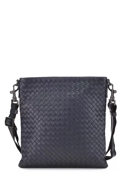 Navy Intrecciato Leather Flat Messenger Bag