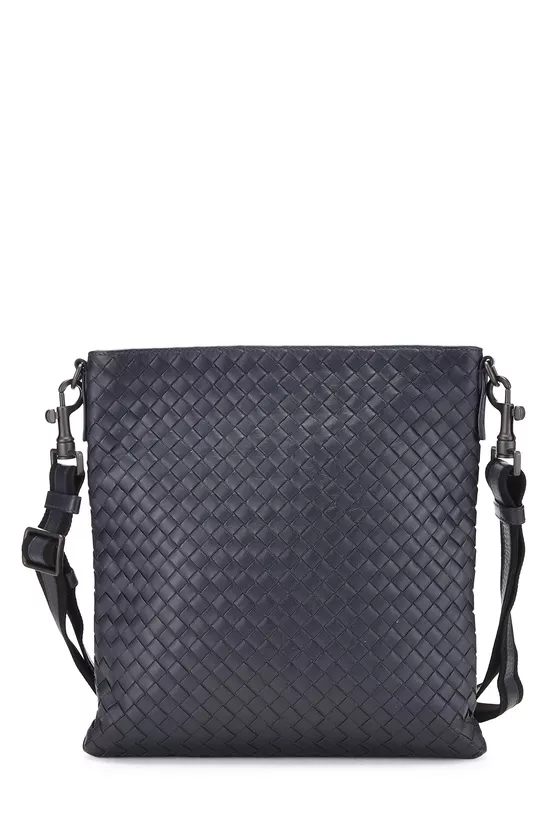 Navy Intrecciato Leather Flat Messenger Bag, , large image number 0