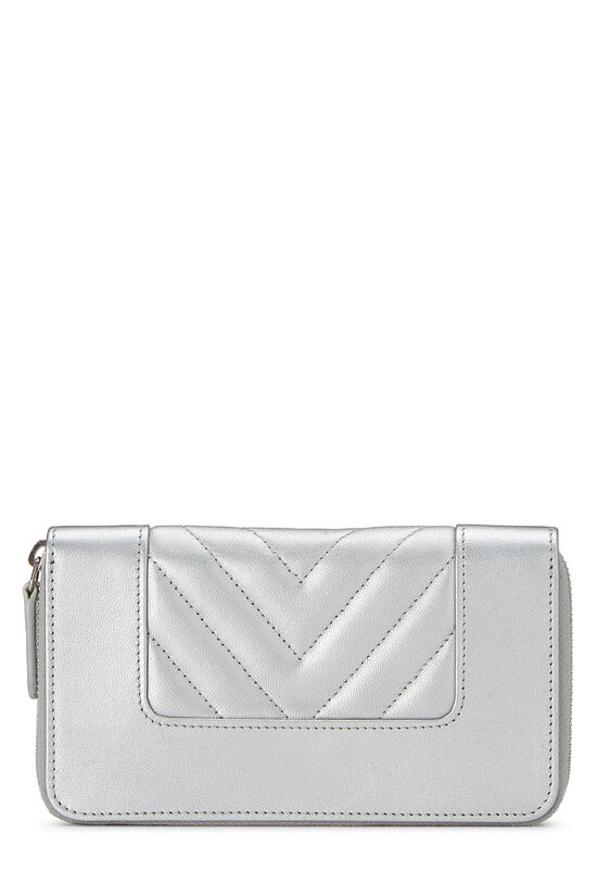Chanel Metallic Silver Chevron Lambskin Zip Wallet Small What Goes Around Comes Around