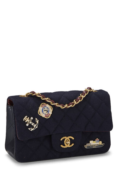 Navy Quilted Wool Charms Flap Bag Mini, , large