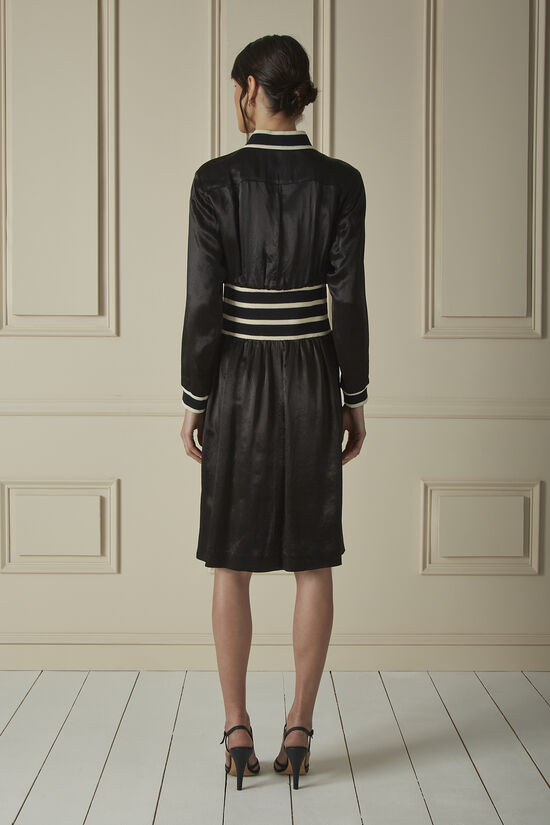 Black Satin Striped-Trim Midi Dress, , large image number 1