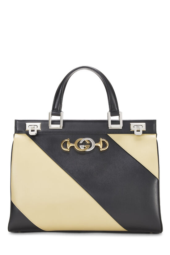 Black & Beige Diagonal Leather Zumi Top Handle Bag Medium, , large image number 1