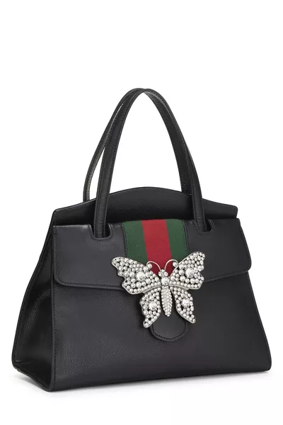 Black Leather Butterfly Totem Handbag Medium, , large