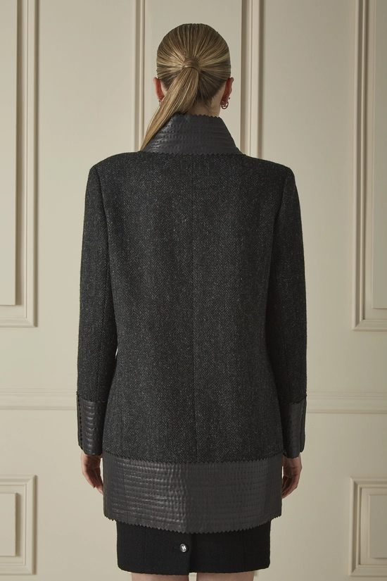 Grey Herringbone Wool Leather Trim Coat, , large image number 1