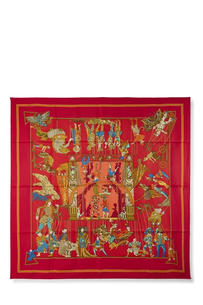 Red & Multicolor 'Le Temps des Marionnettes' Silk Scarf 90