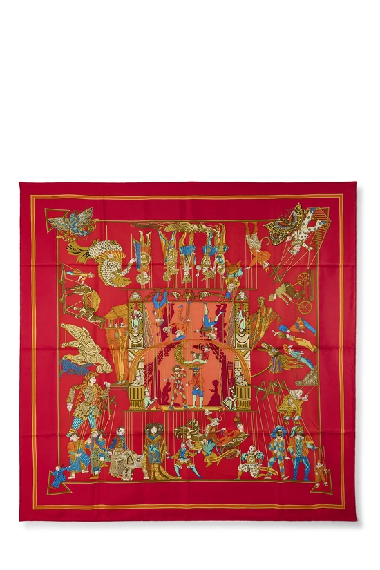 Red & Multicolor 'Le Temps des Marionnettes' Silk Scarf 90, , large image number 0