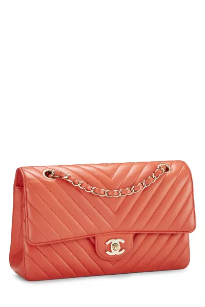 Orange Chevron Lambskin Classic Double Flap Medium, , large