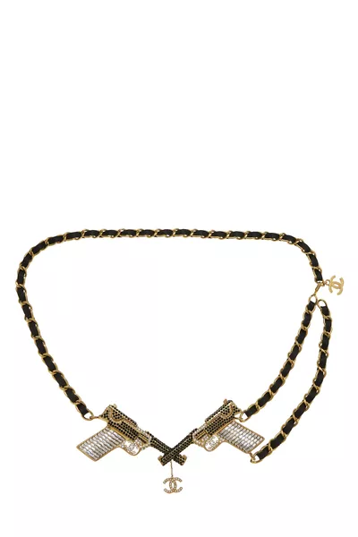Black Leather & Gold Crystal Pistol Chain Belt
