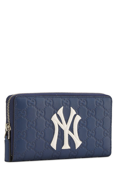 Navy Guccissima New York Yankees Zip Around Wallet, , large