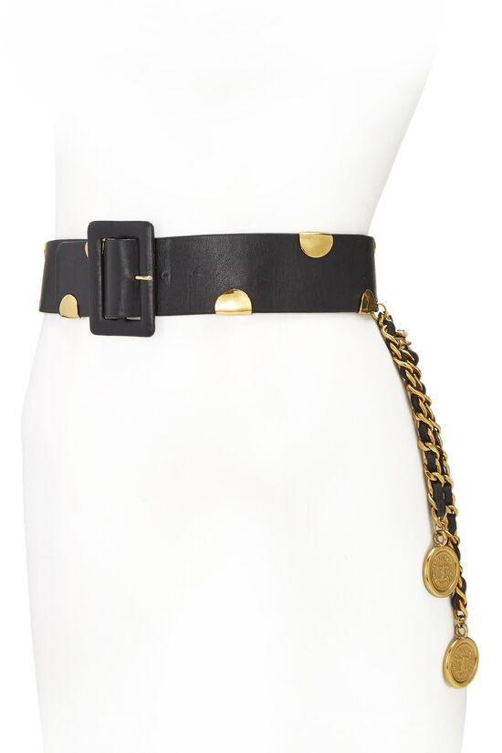 Black Leather Draped Chain Waist Belt, , large image number 1