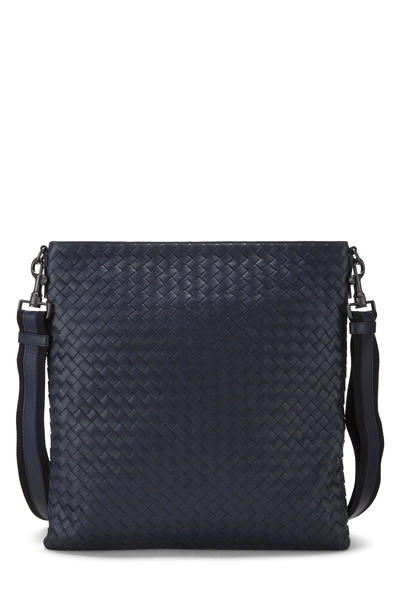 Navy Intrecciato Leather Flat Messenger Bag