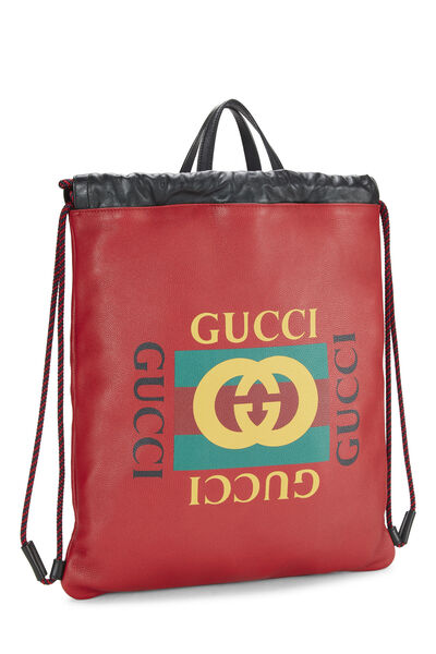 Red Leather Logo Print Drawstring Backpack Large, , large