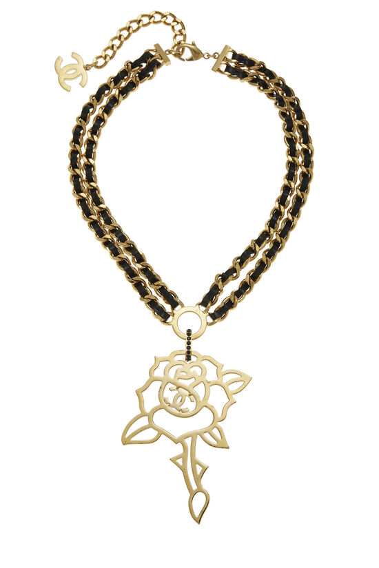 Black Leather & Gold Crystal Rose Chain Choker, , large image number 1