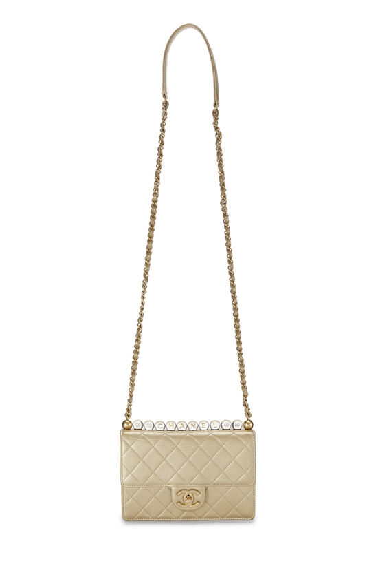Gold Quilted Lambskin Chic Pearl Chain Flap Small