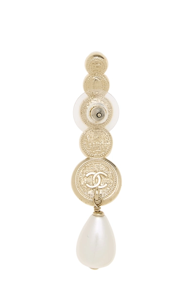 Gold 'CC' Faux Pearl Dangle Earrings, , large