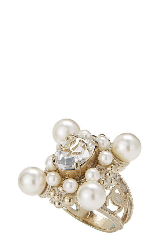 Silver & Faux Pearl 'CC' Ring, , large image number 1