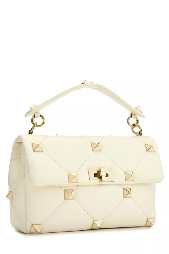 White Leather Roman Stud Flap Bag Medium, , large image number 1