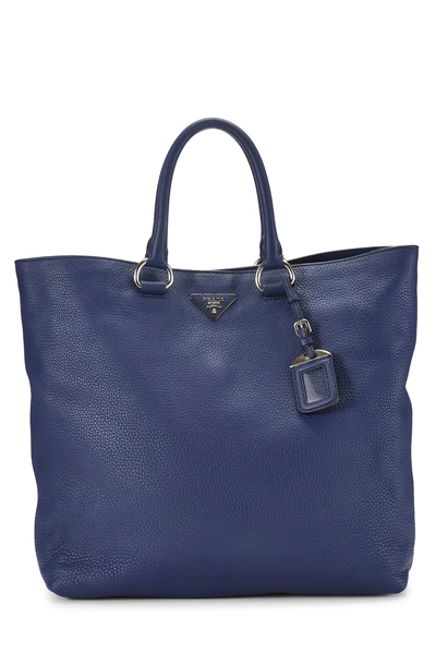 Prada Blue Vitello Daino Shopping Tote Large